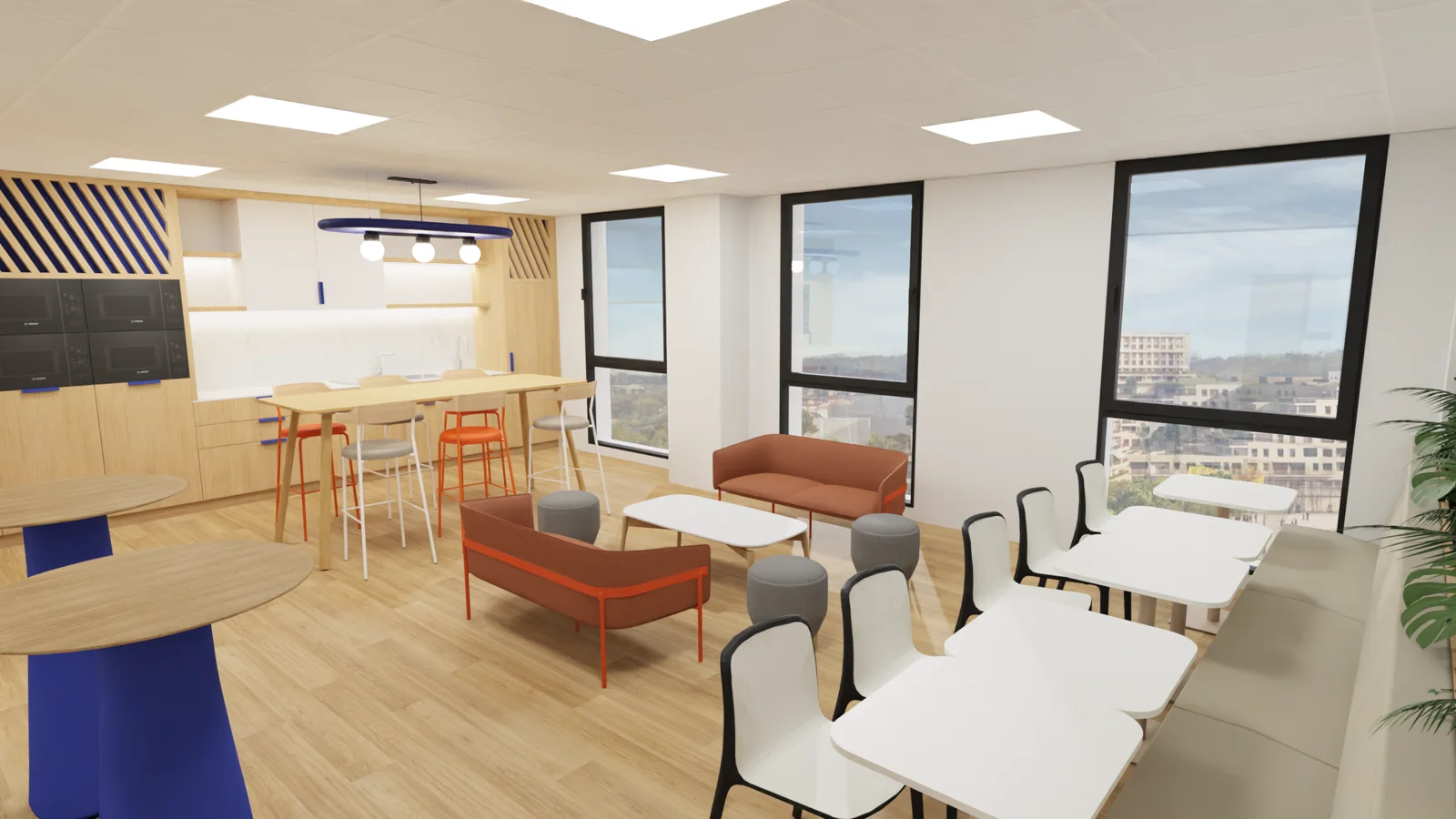 Perspective 3D d'un espace convivial de bureaux conçu par LIV Intérieur