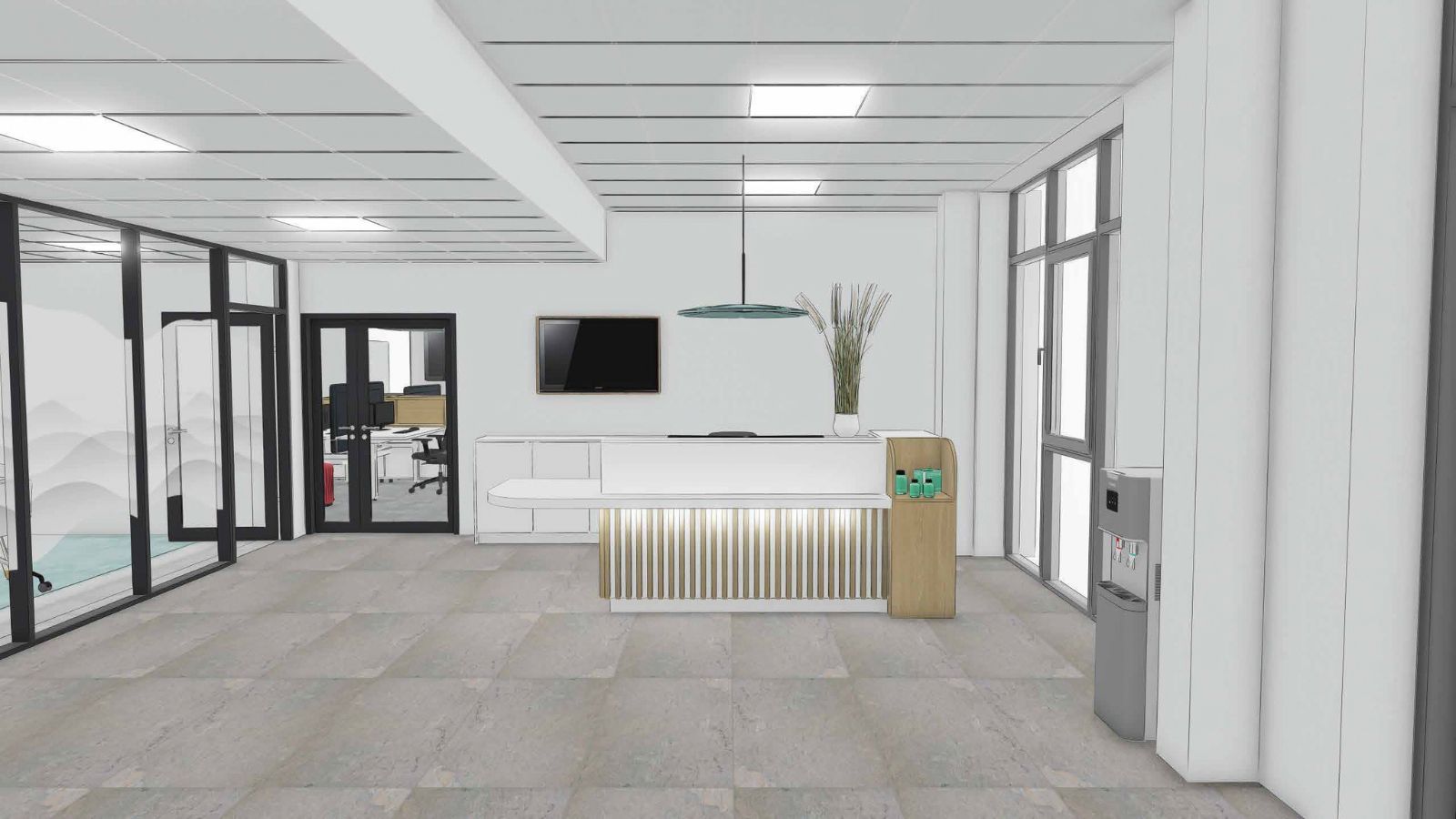 Perspective 3D d'un accueil de bureaux avec banque d'accueil en bois, écran mural et cloisons vitrées, conçue par LIV Intérieur